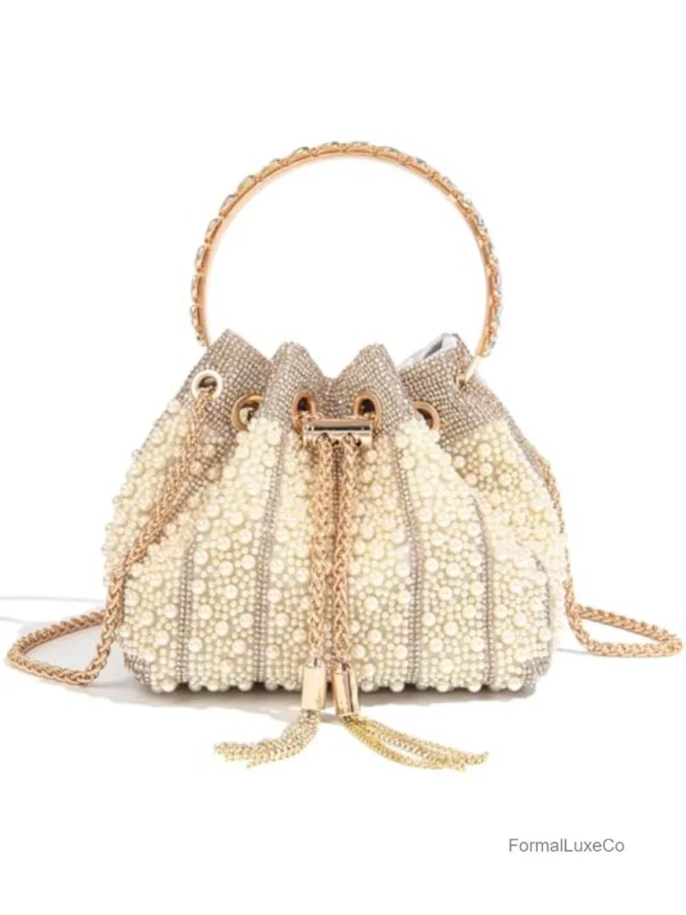 Pearl Clutch Purse Vintage Rhinestone Bucket Evening Bag Crossbody Handbag